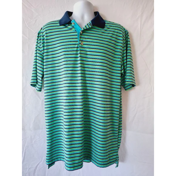 Men's peter Millar Polo Shirt, L, Green & Blue stripe golf summer comfort - Picture 2 of 5